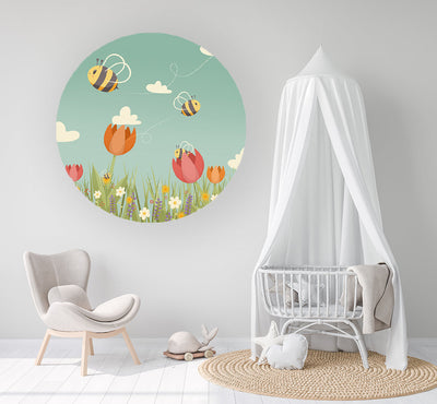 Behangcirkel - Tulpen & Bijen - Kinderkamer - Behangsticker (Sfeer)