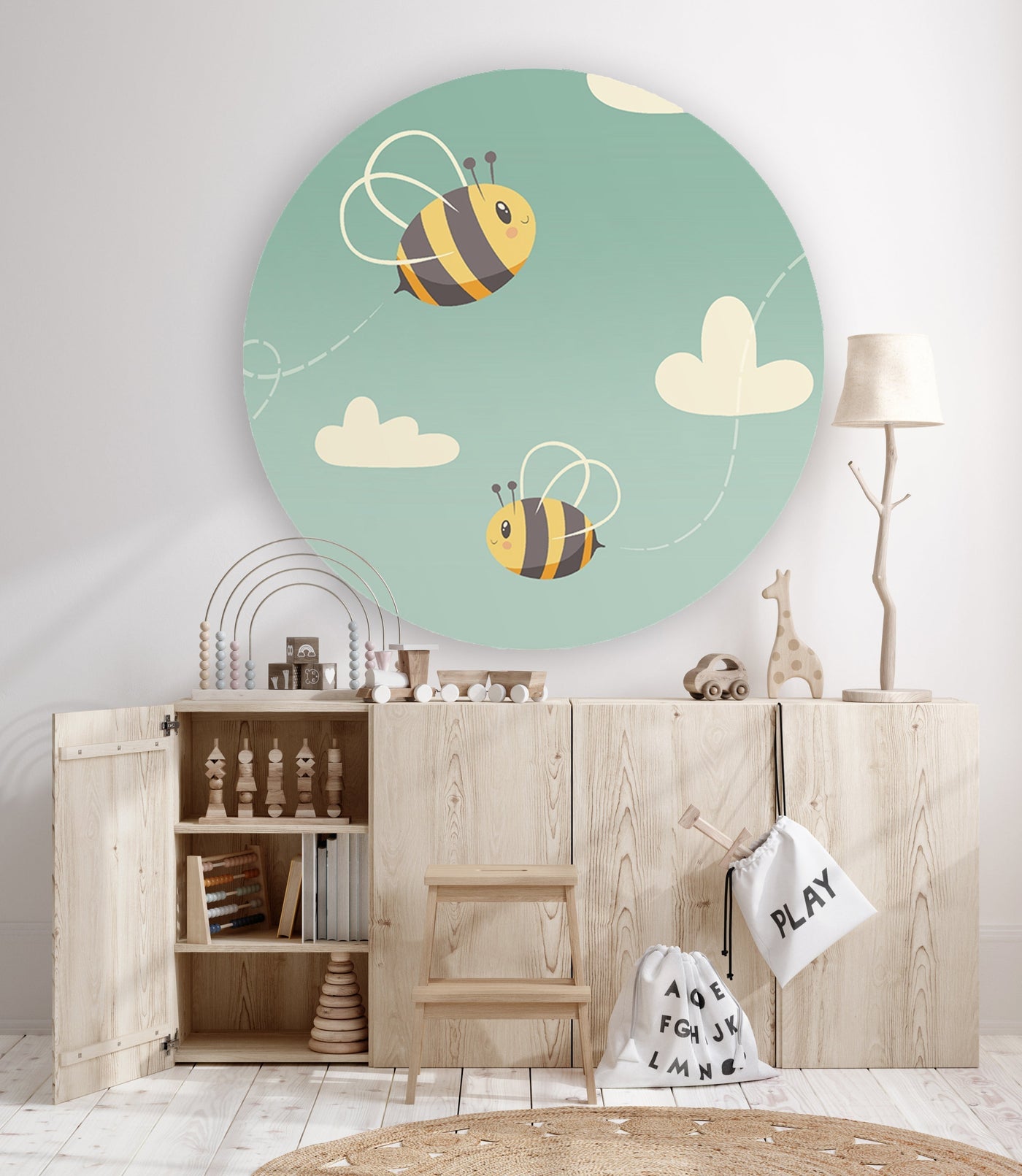 Behangcirkel - Twee Blije Bijen - Kinderkamer - Behangsticker (Sfeer)