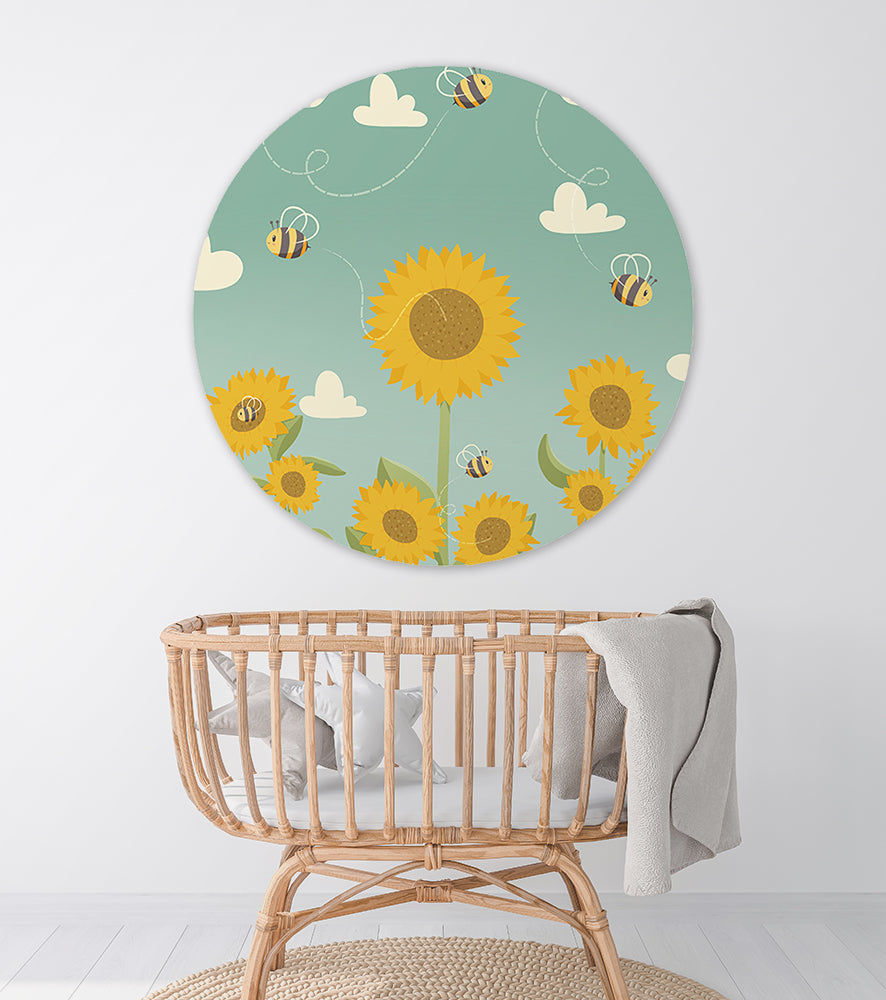 Behangcirkel - Zonnebloemen & Bijen - Kinderkamer - Behangsticker (Sfeer)